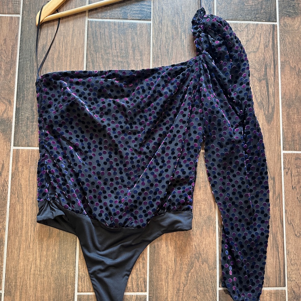 Astr Black Top with Purple Velvet Polka Dots